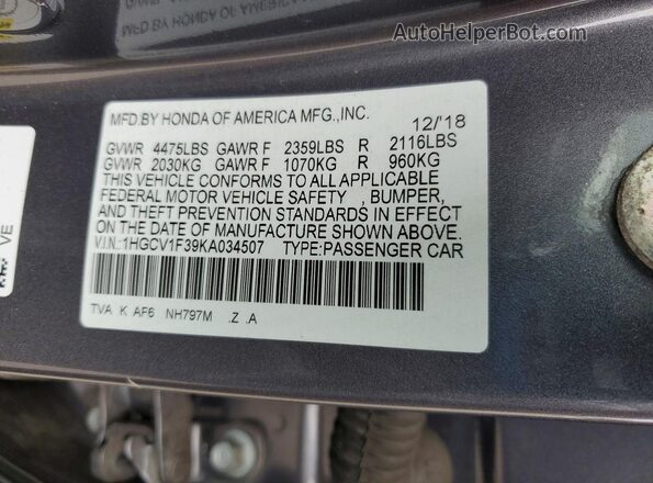 1HGCV1F39KA034507 2019 HONDA ACCORD Серый Вид подкапотного пространства