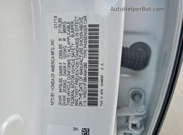 1HGCV1F39KA041280 2019 HONDA ACCORD White ძრავის განყოფილების ხედი