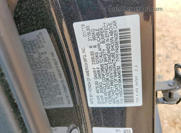1HGCV1F39KA045782 2019 HONDA ACCORD Черный Вид наклейки с VIN-кодом