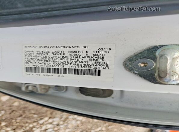 1HGCV1F39KA062128 2019 HONDA ACCORD White VIN կոդի պիտակի տեսք