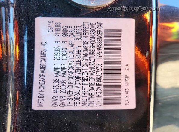 1HGCV1F39KA072738 2019 HONDA ACCORD Black VIN sticker view