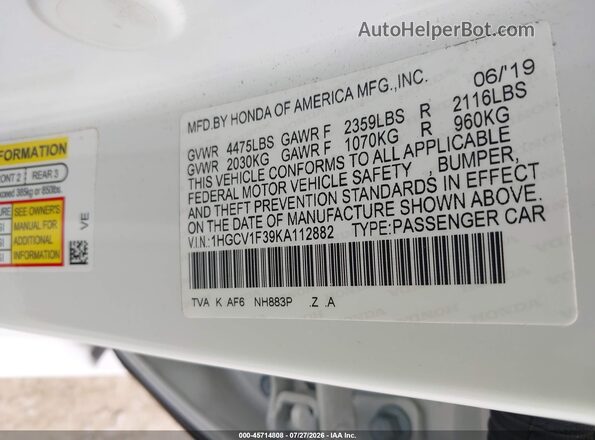1HGCV1F39KA112882 2019 HONDA ACCORD White Vista del compartimento del motor