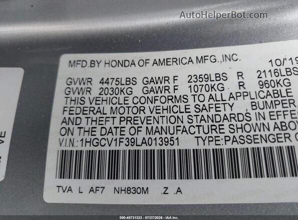 1HGCV1F39LA013951 2020 HONDA ACCORD Серебряный Вид подкапотного пространства