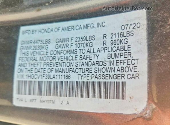 1HGCV1F39LA111166 2020 HONDA ACCORD Угольный Вид подкапотного пространства