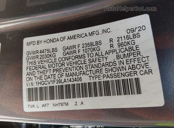 1HGCV1F39LA143406 2020 HONDA ACCORD Gray Շարժիչի բաժամունքի տեսք
