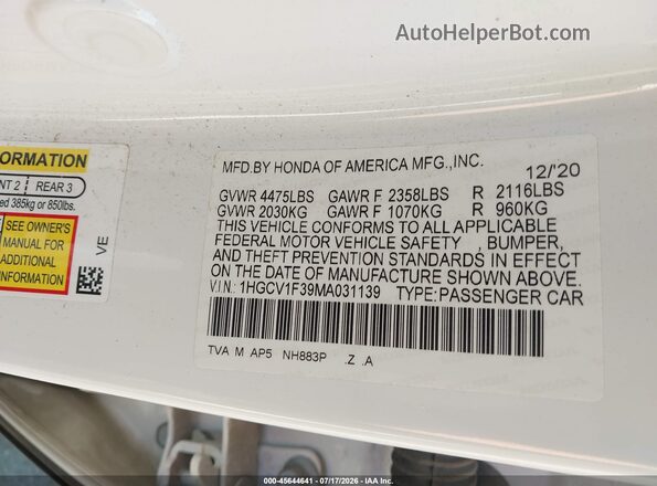 1HGCV1F39MA031139 2021 HONDA ACCORD White Вид підкапотного простору