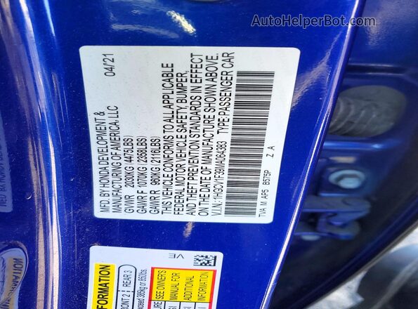 1HGCV1F39MA064383 2021 HONDA ACCORD Blue Vista de la etiqueta del VIN