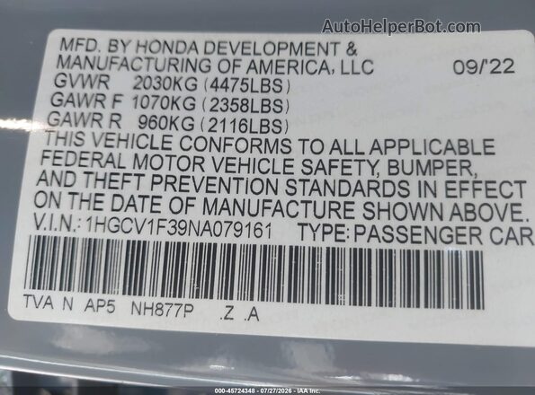 1HGCV1F39NA079161 2022 HONDA ACCORD Light Blue Вид підкапотного простору