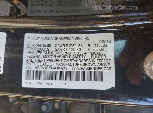 1HGCV1F3XJA103249 2018 HONDA ACCORD Black Engine compartment view