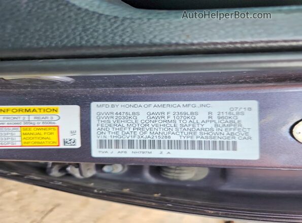 1HGCV1F3XJA215288 2018 HONDA ACCORD Gray Widok komory silnika