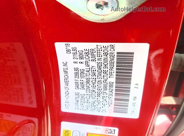 1HGCV1F3XJA218952 2018 HONDA ACCORD Red ძრავის განყოფილების ხედი