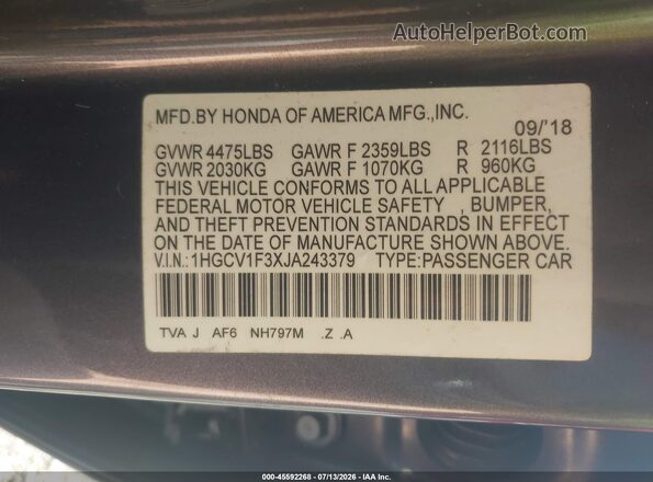 1HGCV1F3XJA243379 2018 HONDA ACCORD Gray Vista del compartimento del motor