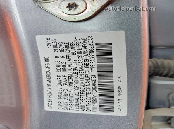 1HGCV1F3XKA028733 2019 HONDA ACCORD Silver Widok komory silnika