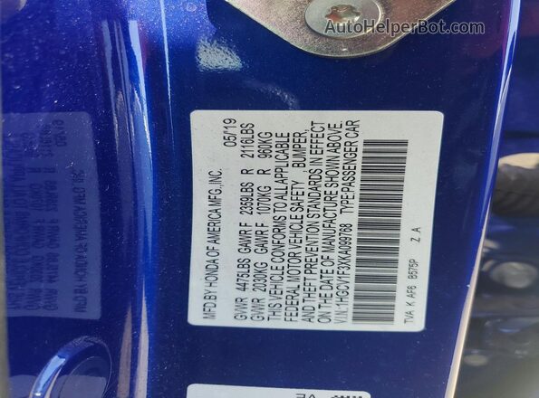 1HGCV1F3XKA099768 2019 HONDA ACCORD Blue Engine compartment view