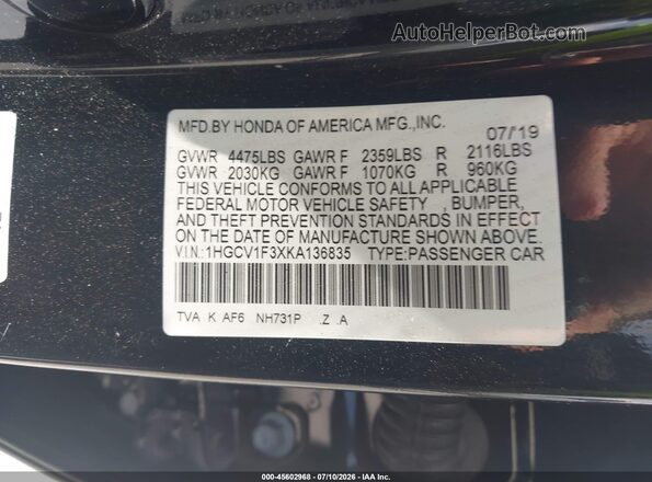 1HGCV1F3XKA136835 2019 HONDA ACCORD Black Շարժիչի բաժամունքի տեսք