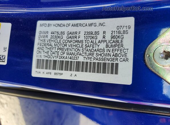 1HGCV1F3XKA140237 2019 HONDA ACCORD Blue Engine compartment view