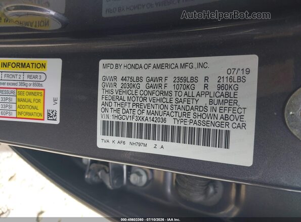 1HGCV1F3XKA142036 2019 HONDA ACCORD Gray ძრავის განყოფილების ხედი