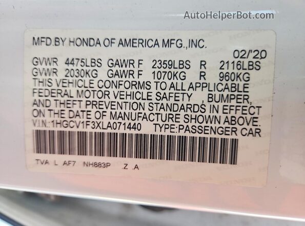 1HGCV1F3XLA071440 2020 HONDA ACCORD White Engine compartment view