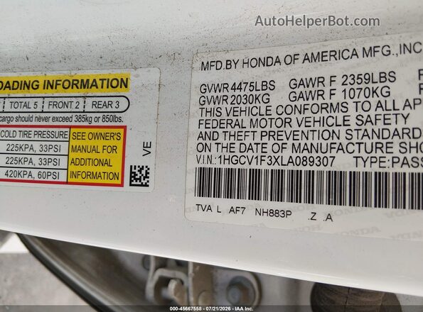 1HGCV1F3XLA089307 2020 HONDA ACCORD Белый Вид подкапотного пространства