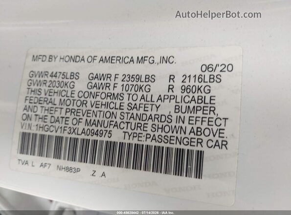 1HGCV1F3XLA094975 2020 HONDA ACCORD White Շարժիչի բաժամունքի տեսք