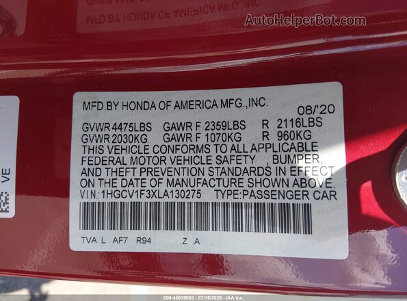 1HGCV1F3XLA130275 2020 HONDA ACCORD Red Widok komory silnika