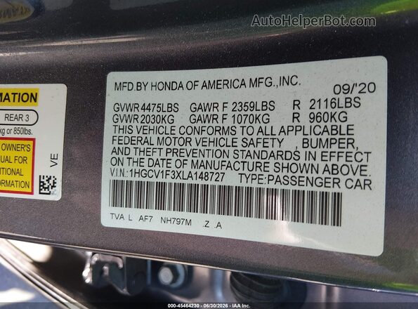 1HGCV1F3XLA148727 2020 HONDA ACCORD Gray Widok komory silnika