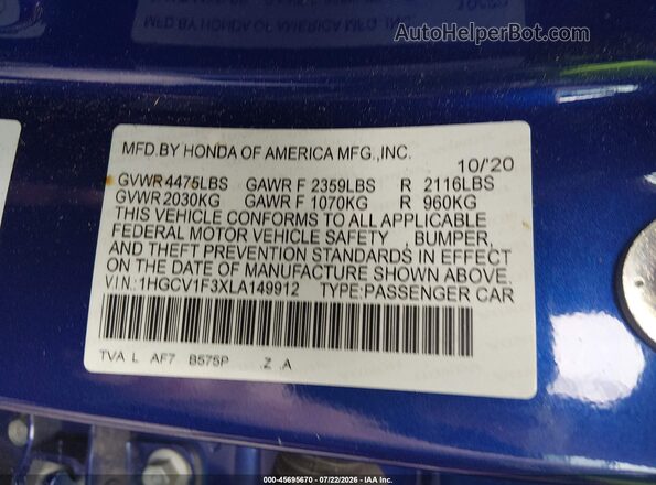 1HGCV1F3XLA149912 2020 HONDA ACCORD Blue Engine compartment view