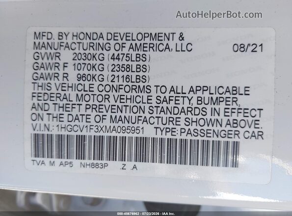 1HGCV1F3XMA095951 2021 HONDA ACCORD White Engine compartment view