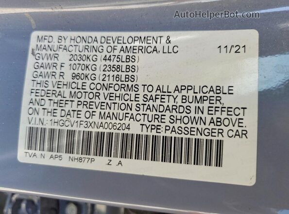 1HGCV1F3XNA006204 2022 HONDA ACCORD Бирюзовый Вид подкапотного пространства