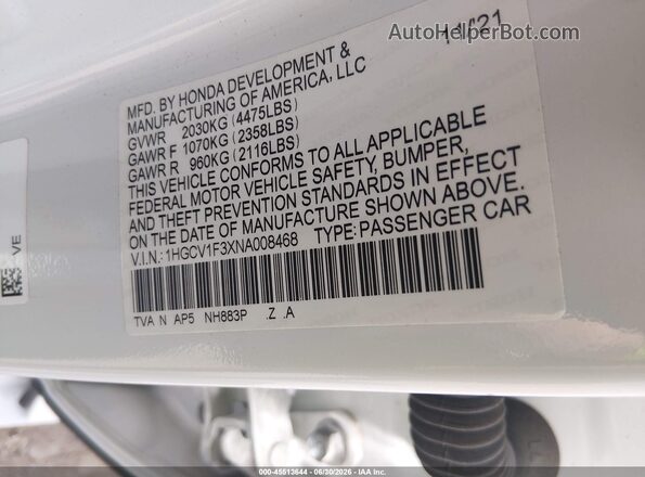 1HGCV1F3XNA008468 2022 HONDA ACCORD White Շարժիչի բաժամունքի տեսք