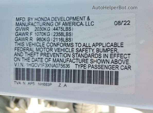 1HGCV1F3XNA075636 2022 HONDA ACCORD White Engine compartment view