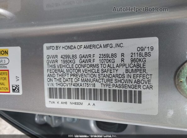 1HGCV1F40KA175118 2019 HONDA ACCORD Silver Engine compartment view