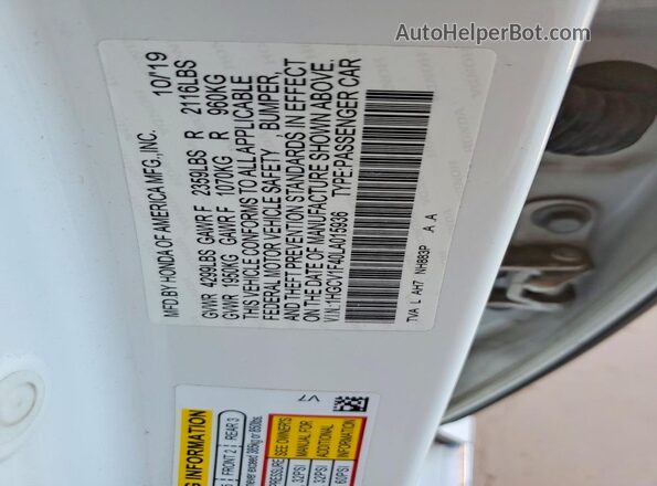 1HGCV1F40LA015936 2020 HONDA ACCORD White Вид підкапотного простору