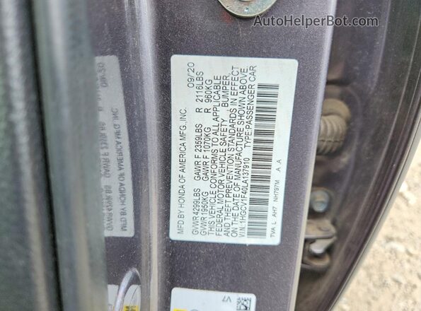 1HGCV1F40LA137910 2020 HONDA ACCORD Gray ძრავის განყოფილების ხედი