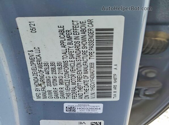 1HGCV1F40MA073658 2021 HONDA ACCORD Серый Вид наклейки с VIN-кодом