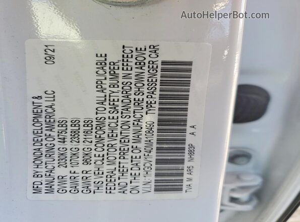 1HGCV1F40MA108490 2021 HONDA ACCORD White Շարժիչի բաժամունքի տեսք