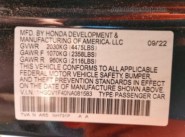 1HGCV1F40NA081583 2022 HONDA ACCORD Black Вид наклейки з VIN-кодом