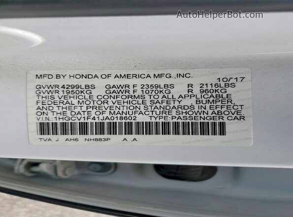1HGCV1F41JA018602 2018 HONDA ACCORD White Widok komory silnika