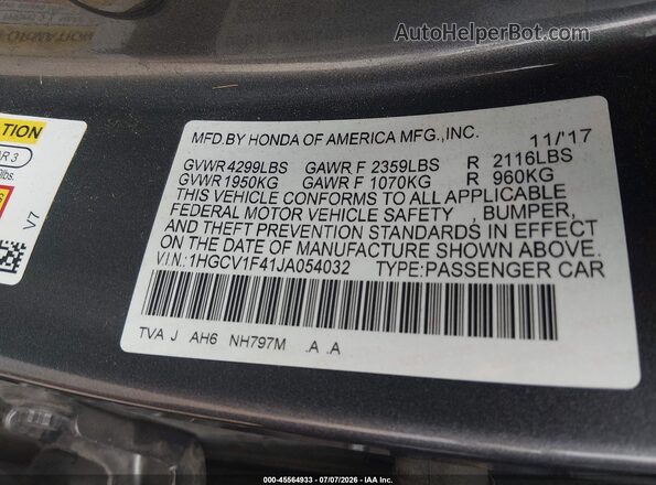 1HGCV1F41JA054032 2018 HONDA ACCORD Серый Вид подкапотного пространства