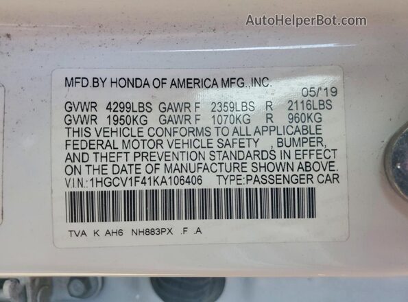 1HGCV1F41KA106406 2019 HONDA ACCORD White Vista del compartimento del motor