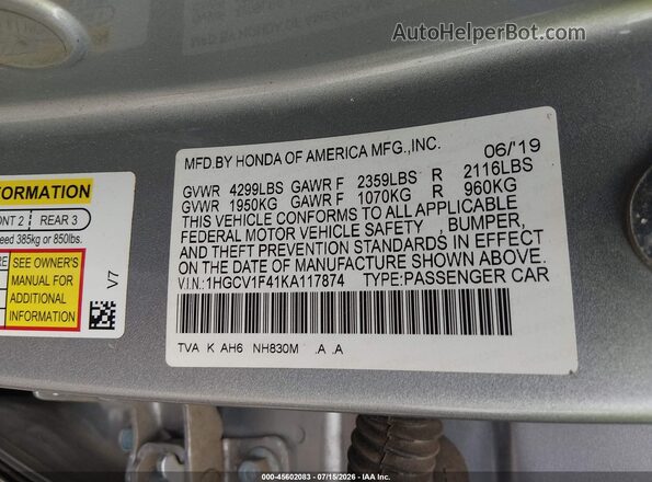 1HGCV1F41KA117874 2019 HONDA ACCORD Silver ძრავის განყოფილების ხედი