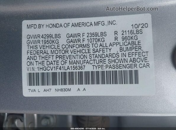 1HGCV1F41LA156367 2020 HONDA ACCORD Серебряный Вид подкапотного пространства