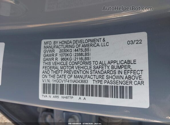 1HGCV1F41NA043683 2022 HONDA ACCORD Gray Вид підкапотного простору