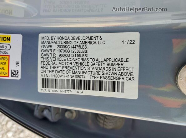 1HGCV1F41NA108774 2022 HONDA ACCORD Gray Вид підкапотного простору