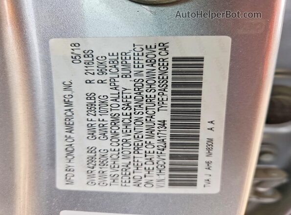 1HGCV1F42JA171344 2018 HONDA ACCORD Silver Engine compartment view