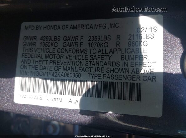 1HGCV1F42KA060360 2019 HONDA ACCORD Gray Вид підкапотного простору