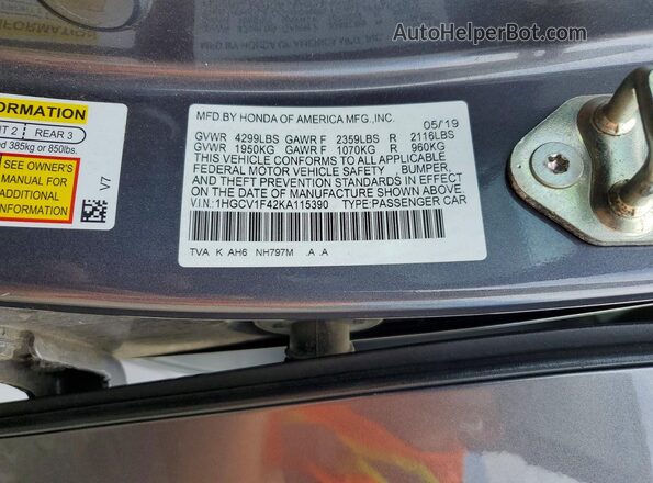 1HGCV1F42KA115390 2019 HONDA ACCORD Charcoal Vista del compartimento del motor