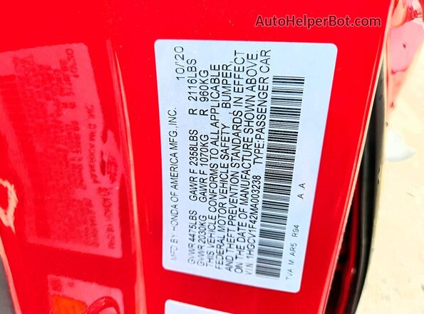 1HGCV1F42MA003238 2021 HONDA ACCORD Красный Вид наклейки с VIN-кодом