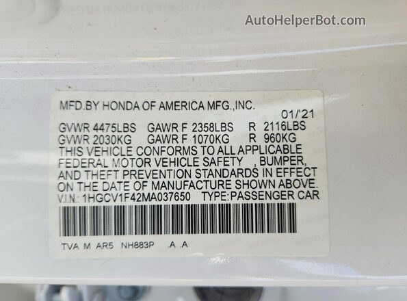 1HGCV1F42MA037650 2021 HONDA ACCORD White Vista del compartimento del motor