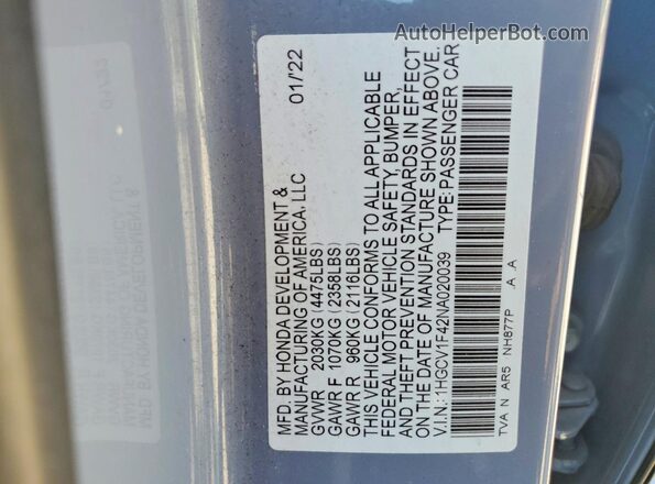 1HGCV1F42NA020039 2022 HONDA ACCORD Gray Вид підкапотного простору